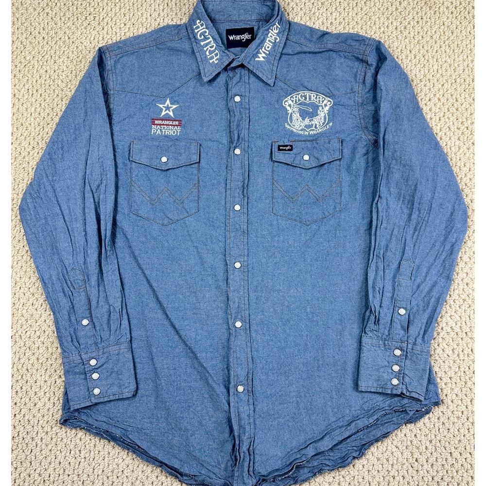 Wrangler Shirt Men XL Tall Blue Chambray Denim Pearlsnap Yolk Western ACTRA Logo